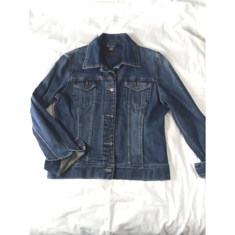 Eddie Bauer Womens Medium Denim Jean Jacket Blue Button Four Pockets Cotton